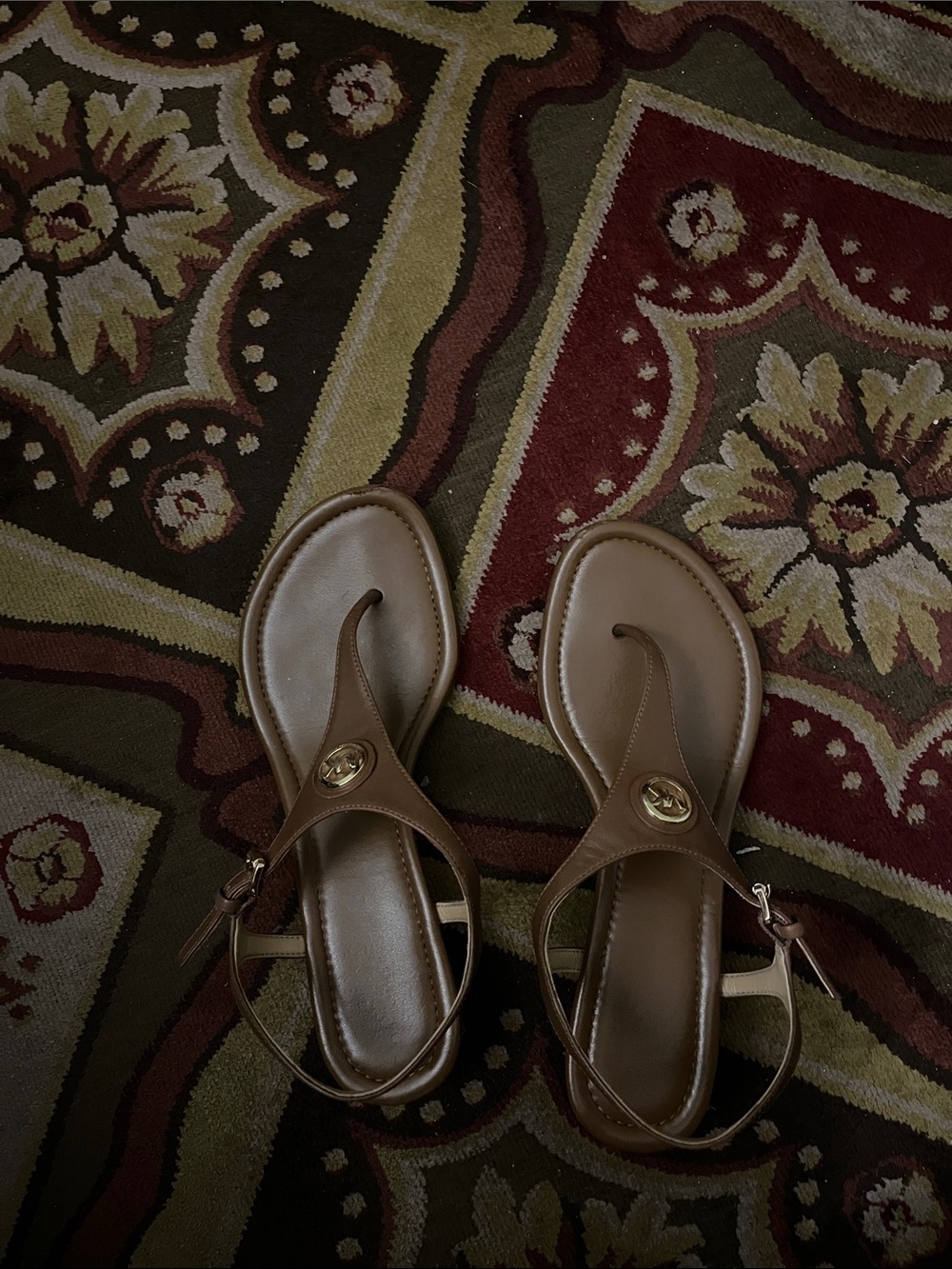 Michael Kors Brown Leather Thong Sandals with Logo Accent